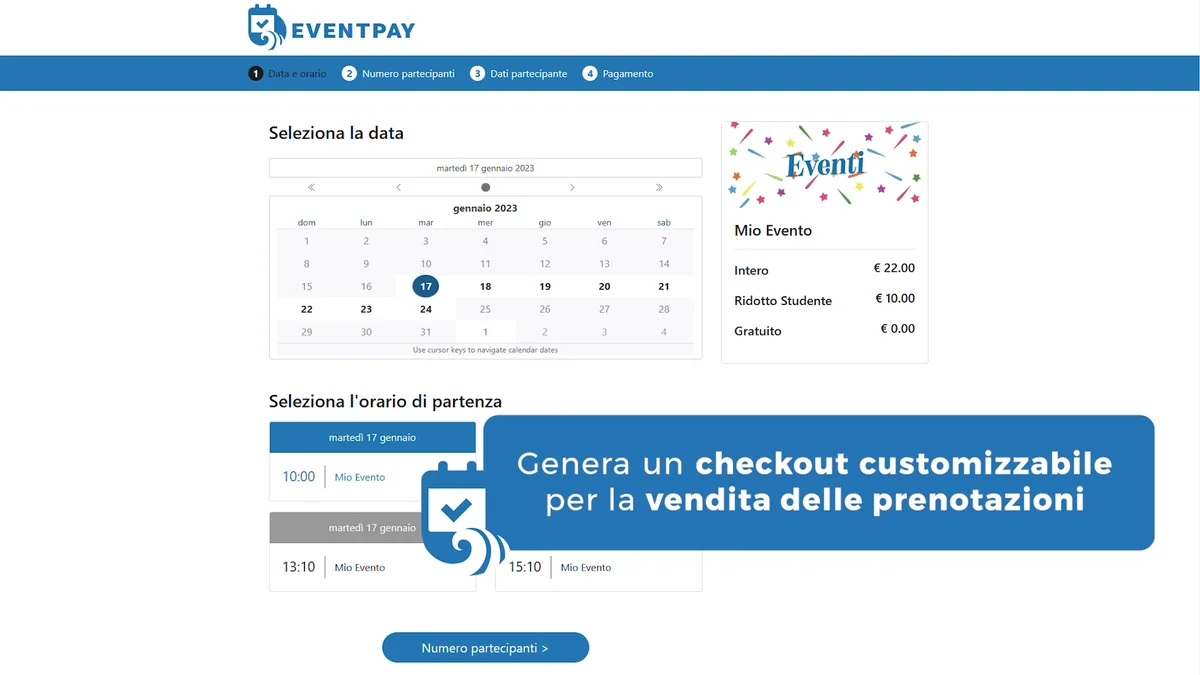 Demo Eventpay: calendario, orari e tipologie di biglietto nel percorso di prenotazione